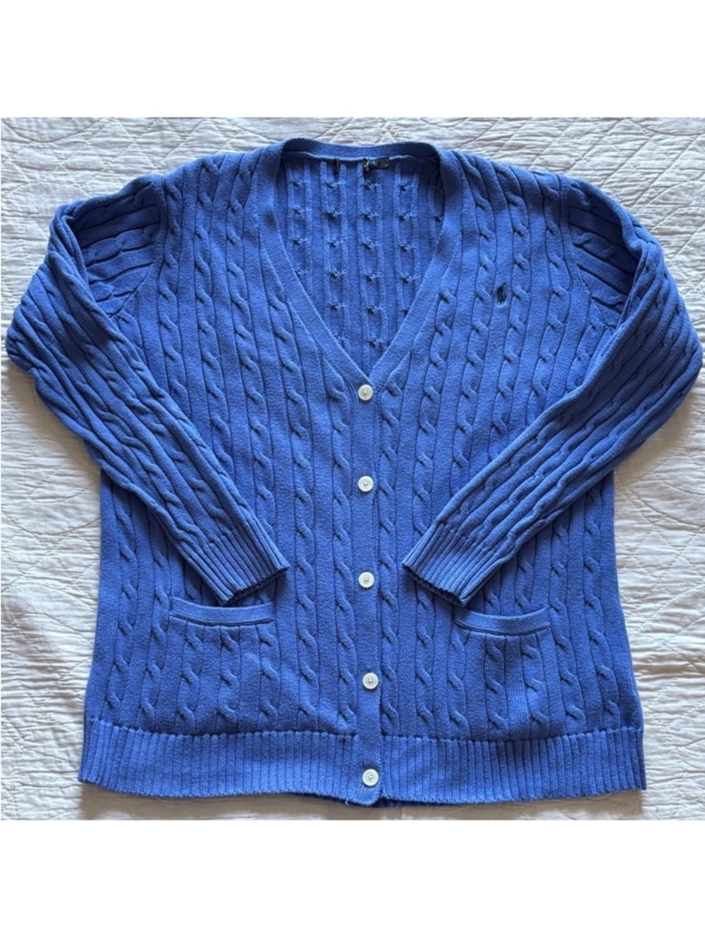 Ralph Lauren Cotton Blue Cable-Knit V-Neck Button Cardigan Sweater